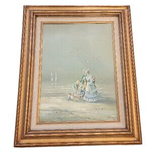 Family on Beach Oil on canvas by K Scheffer Signed. Framed Original